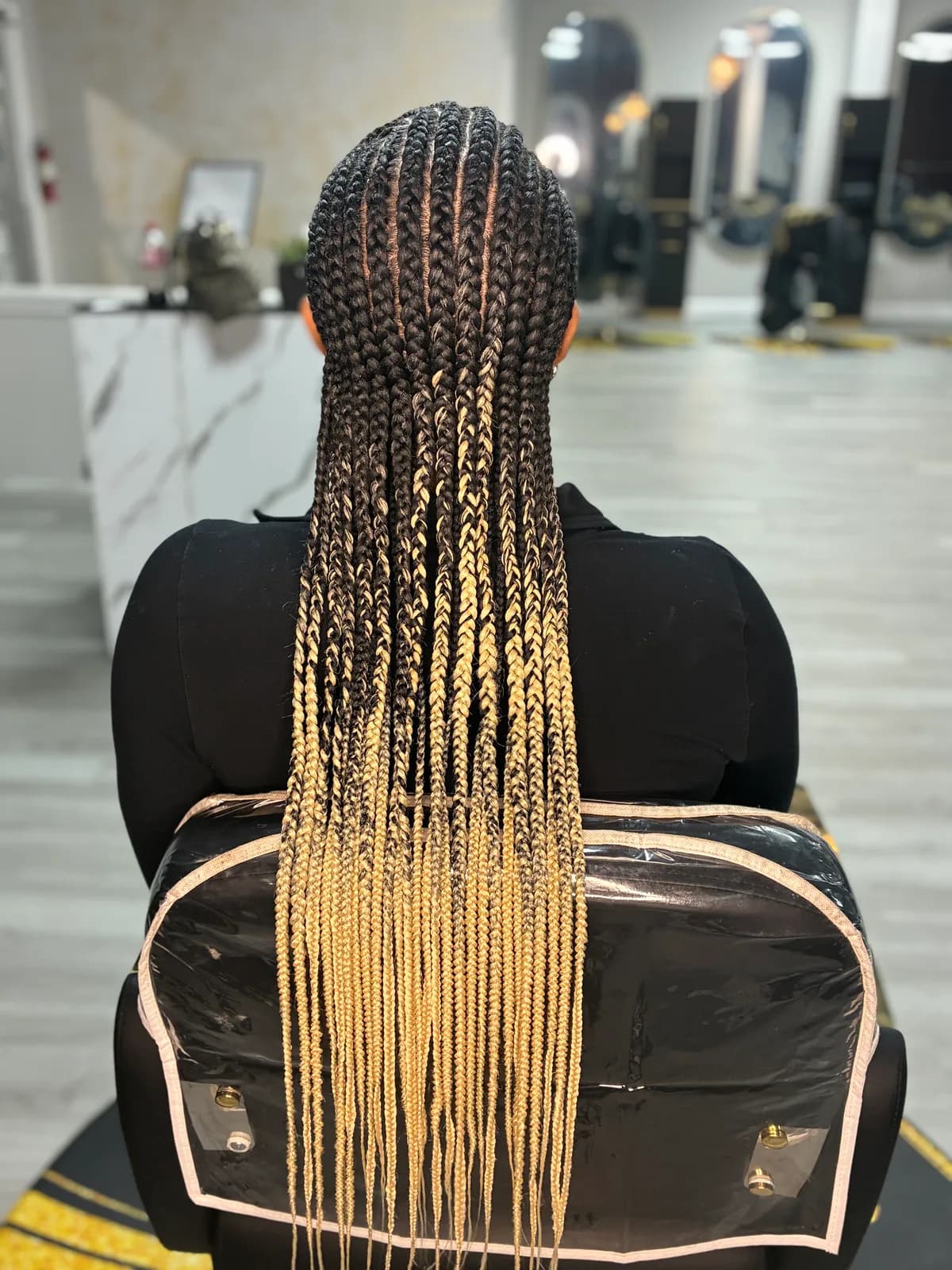 Honey-blonde ends flowing from dark braided roots
