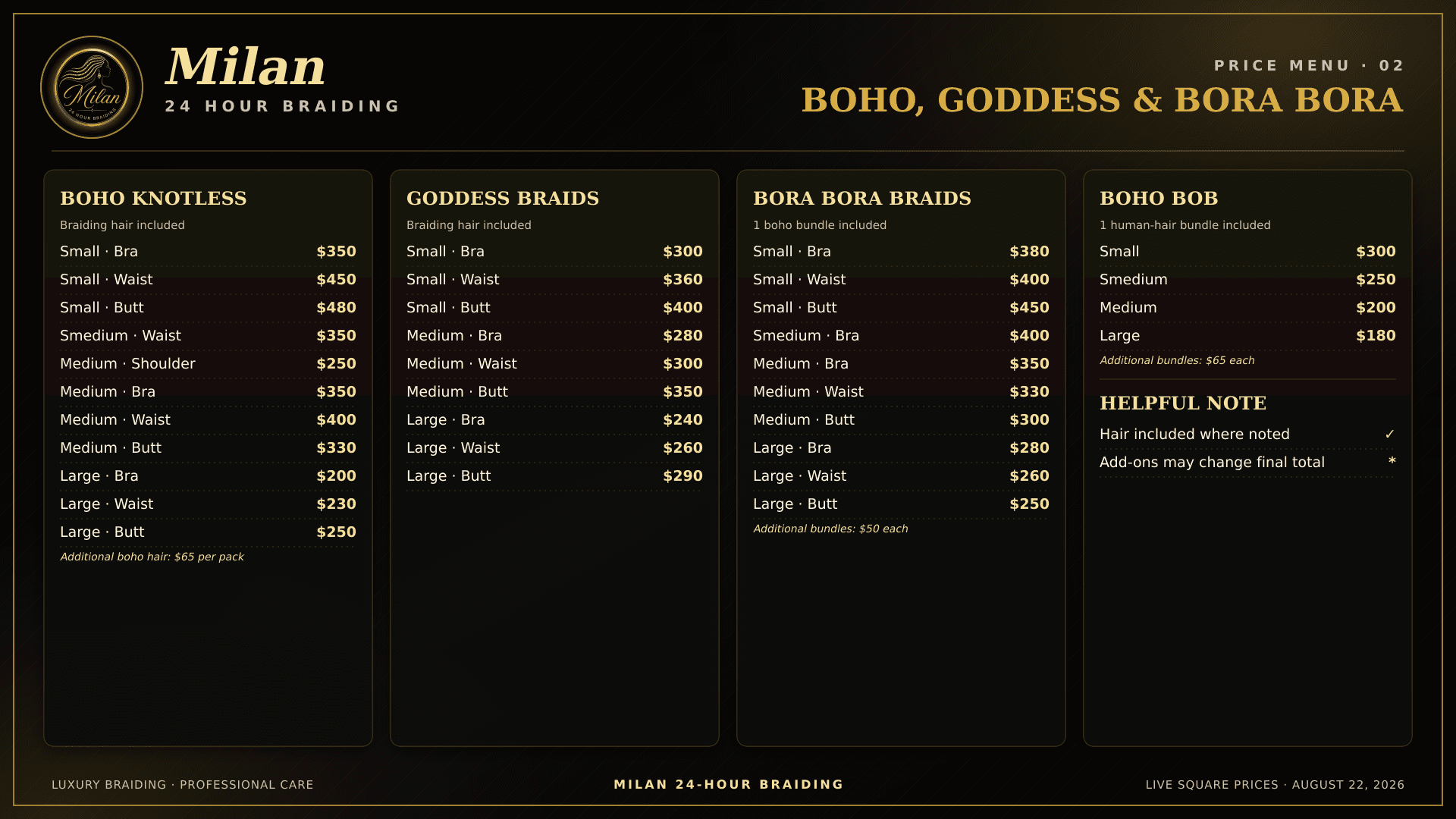 Milan price menu for boho knotless, goddess braids, Bora Bora braids, and boho bob styles