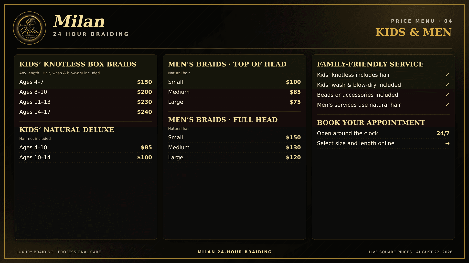 Milan price menu for kids knotless braids, kids natural deluxe styles, and men's braids