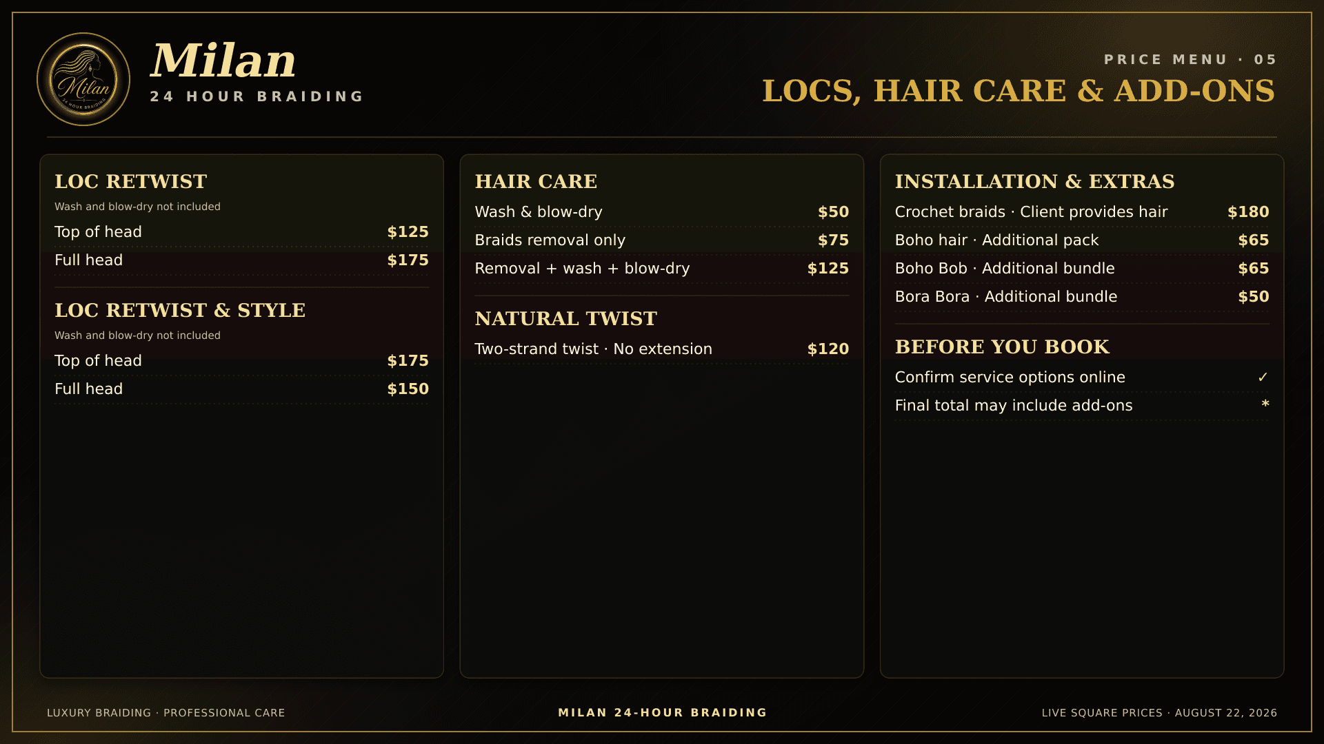 Milan price menu for loc retwists, hair care, natural twists, installations, and add-ons